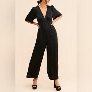 Anthropologie Dolan Women’s Little Black Satin Wide Leg Flutter Sleeve Jumpsuit